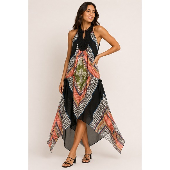 DR2 Dresses & Skirts - DR2 Women Black Mixed Print Halter Dress Crochet Bib Handkerchief Hem Large